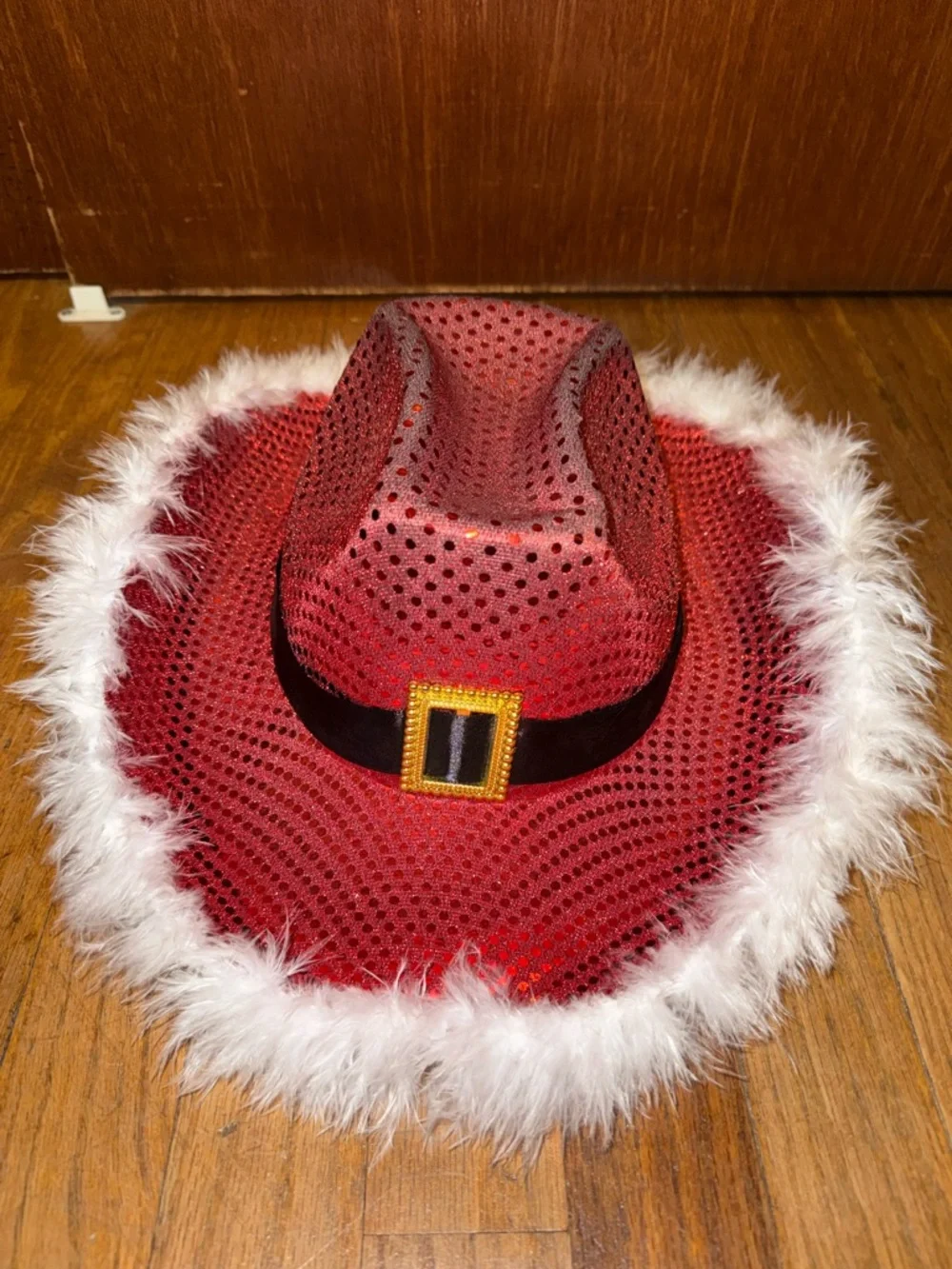 Red Sequin Feather Trim Cowboy Hat